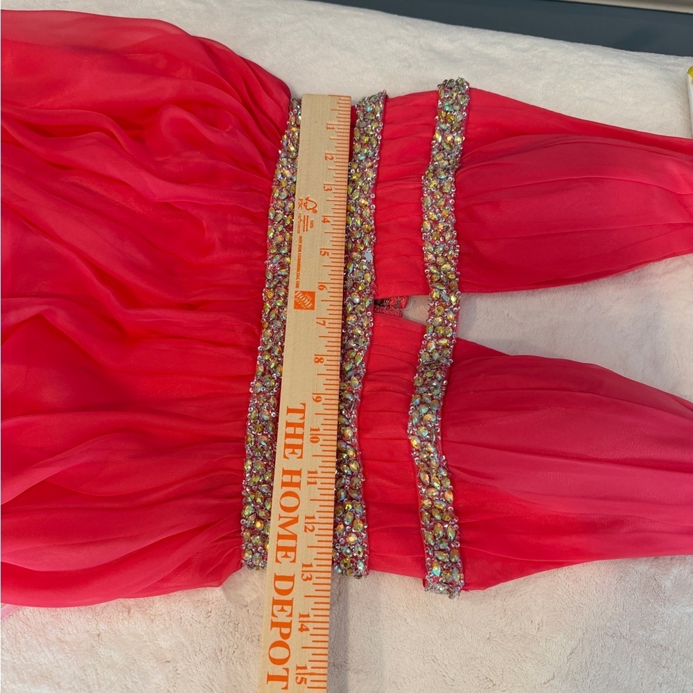 Elegant Coral Pink Backless Rhinestone Evening Gown - Picture 5 of 13